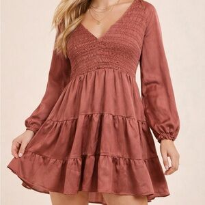 Arula V-Neck Tiered Long-Sleeve Dress in Brick